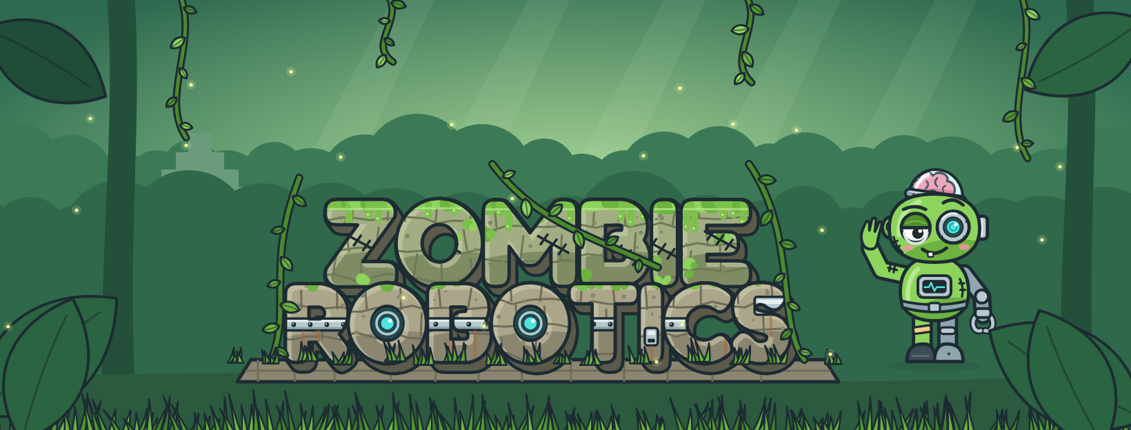 Franky the zombie robot waving next to mossy stone ruin letters spelling ZombieRobotics in a jungle